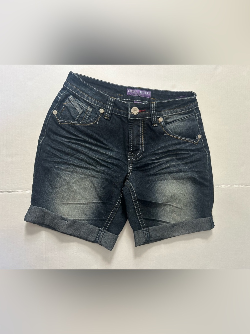 Deja Bleu Dark Wash Denim Shorts with Cuffed Hem embroidered pockets Y2K Retro 6
